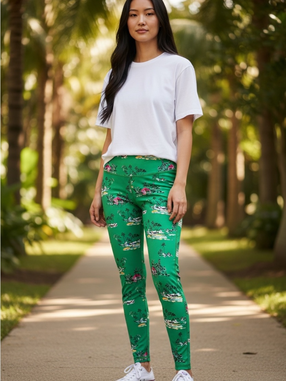 crown & ivy Green Tropical Scenic Leggings with Pink Accents